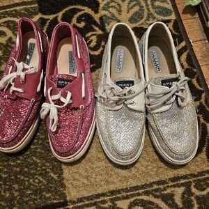 Sperry Pink and Silver Glitter Boat Shoes